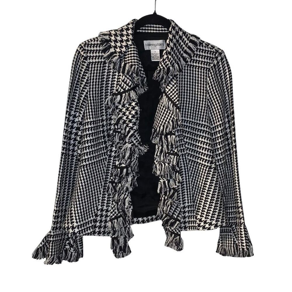 Bloomingdale's Women's Ladylike Ruffled Open Front Jacket Size 4 Black Plaid